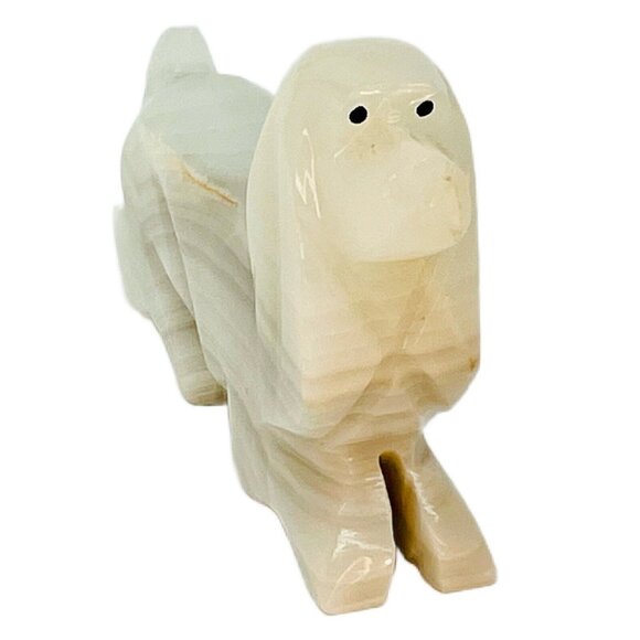 Hand Carved Onyx Corgi Dog Lucid Vintage Handmade Statue Stone Marbled Cream - Picture 2 of 9